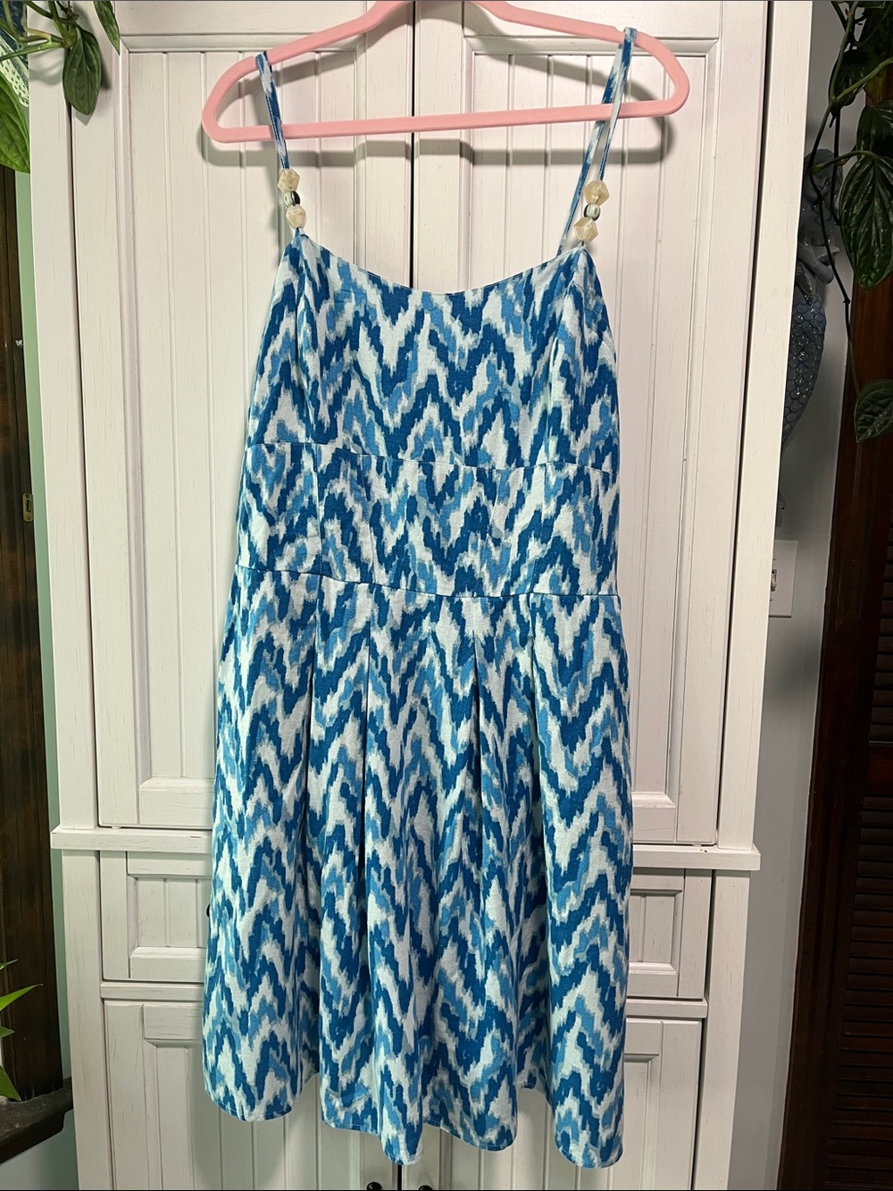 Sam Edelman Blue & White Ikat Skater Dress with Spaghetti Straps